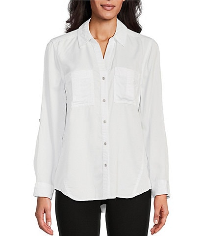 Westbound Petite Size Woven Long Roll-Tab Sleeve Point Collar Y-Neck Button Front Shirt