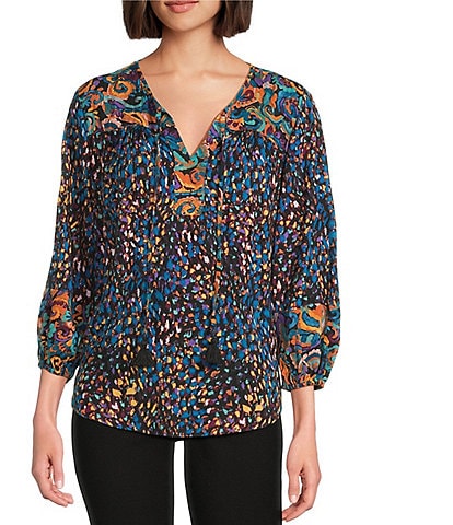 Westbound Petite Size Woven Multi Fanned Florish Elbow V-Neck Tie Blouse