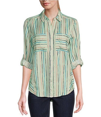Westbound Petite Size Woven Roll Sleeve Spread Collar Button Front Shirt