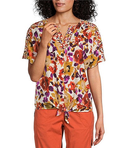 Westbound Petite Size Woven Short Sleeve Multi Tossed Bouquet Print V-Neck Tie Front Tee Shirt