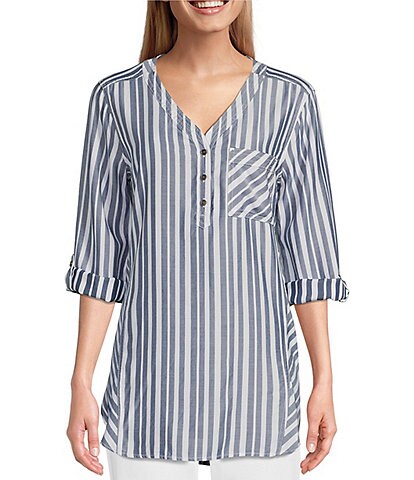 Westbound Petite Size Woven Striped Print Rolled Sleeve Y-Neck Extended Hem Pullover Blouse