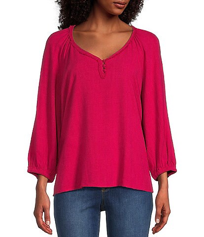 Westbound Petite Size Woven V-Neck 3/4 Sleeve Top