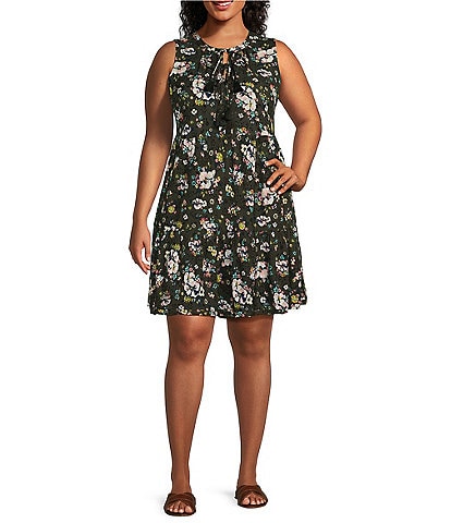 Westbound Plus Size Olive Floral Double Tassel Tie Front A-Line Tiered Sleeveless Dress