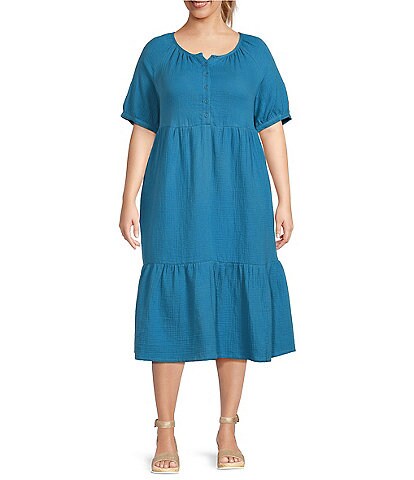 Westbound Plus Size 3/4 Puffed Sleeve Button Front Dress