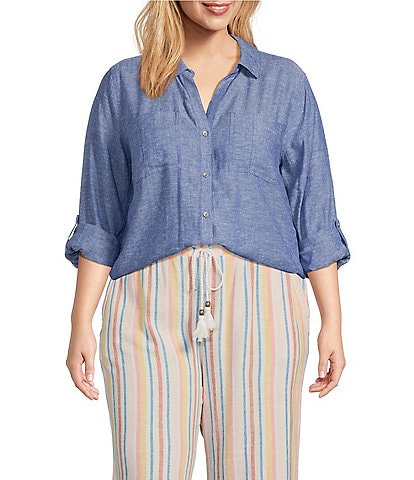 Westbound Plus Size 3/4 Roll-Tab Sleeve Point Collar Y-Neck Button Front Shirt