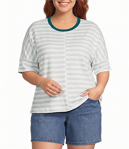 Westbound Plus Size Short Sleeve Offset Stripe Crew Neck Top