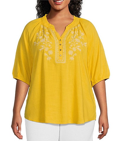 Westbound Plus Size 3/4 Sleeve Ruffle V-Neck Embroidered Yoke Partial Button Front Top