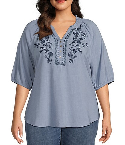 Westbound Plus Size 3/4 Sleeve Ruffle V-Neck Embroidered Yoke Partial Button Front Top