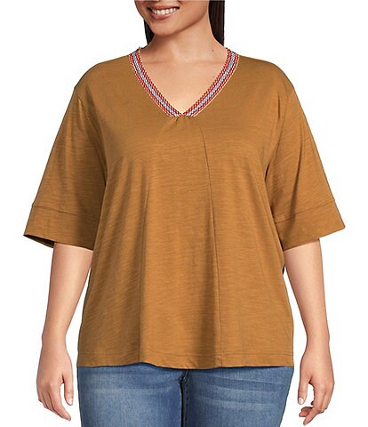 Westbound Plus Size 3/4 Sleeve Tape Detailing V-Neck Knit Tee