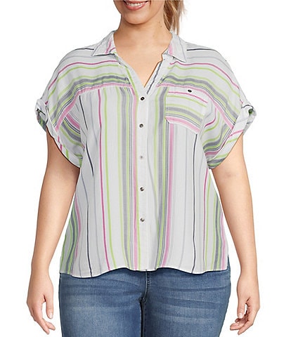 Westbound Plus Size Airy Striped Print Point Collar Short Sleeve Woven Top
