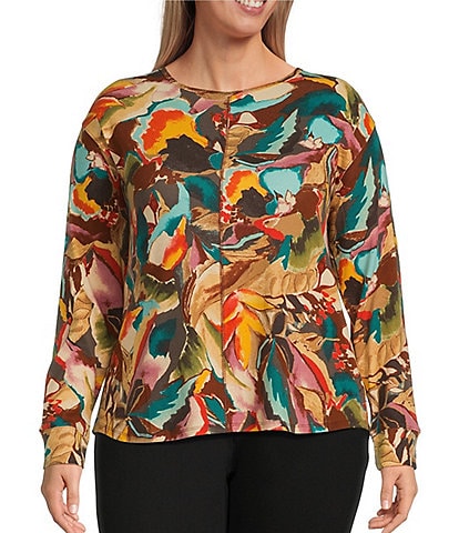 Westbound Plus Size Autumnal Leaves Round Neck Long Sleeve Knit Tee Shirt