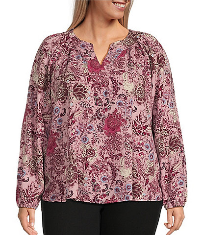 Westbound Plus Size Batik Mauve Print Long Sleeve V-Neck Embroidered Top