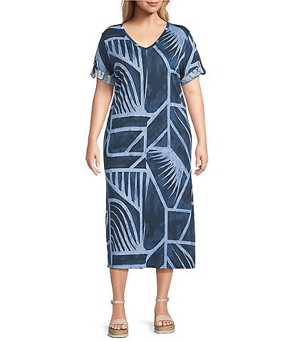 Westbound Plus Size Blue Geo Tex Short Sleeve V-Neck Dress