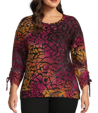 Westbound Plus Size Blue Multi Print Crew Neck Long Tied Sleeve Pullover Shirt