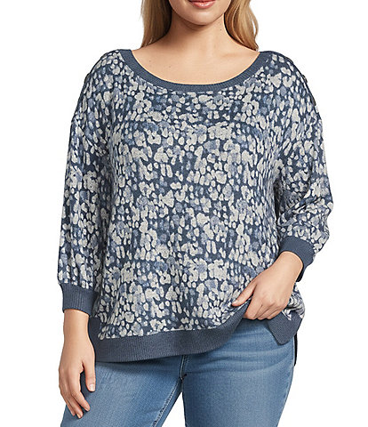 Westbound Plus Size Blue Tie Dye Drops Knit Long Sleeve Button Shoulder Pullover Top