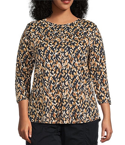 Westbound Plus Size Celestial Chalk Leopard 3/4 Sleeve Crew Neck Knit Top