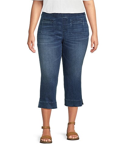 EOM Womans Pull On Side Pockets Full Elastic Waist Capri Length Jeans  (Large, Chambray)