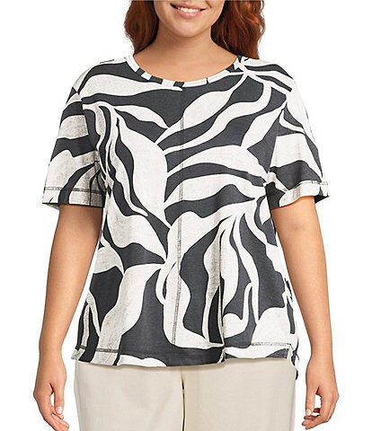 Westbound Plus Size Dancing Leaves Short Sleeve Slub Knit Crew Neck Top