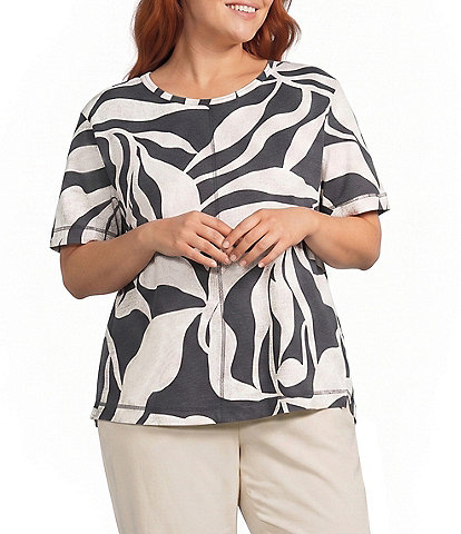 Westbound Plus Size Dancing Leaves Short Sleeve Slub Knit Crew Neck Top