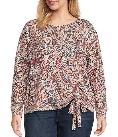 Westbound Plus Size Dancing Paisley Knit Long Sleeve Crew Neck Ruched Shirt