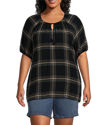 Westbound Plus Size Elbow Puff Sleeve Tie Plaid Neck Top