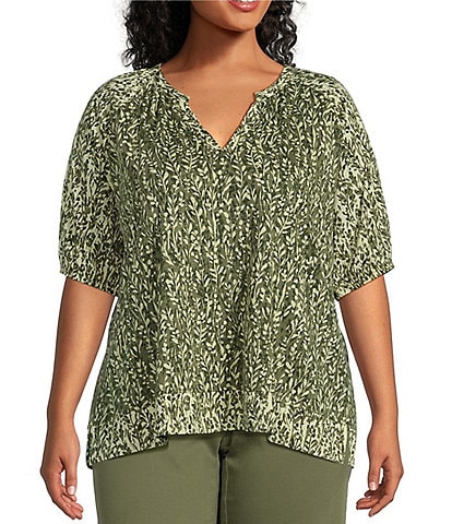 Westbound Plus Size Elbow Puff Sleeve V-Neck Branch Top