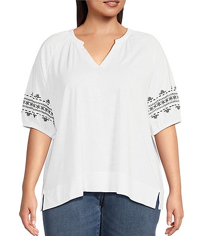 Westbound Plus Size Embroidered 3/4 Puff Sleeve V-Neck Top