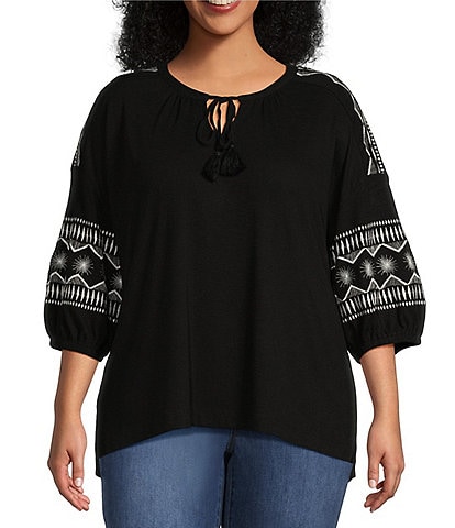 Westbound Plus Size Embroidered 3/4 Sleeve V-Neck Top