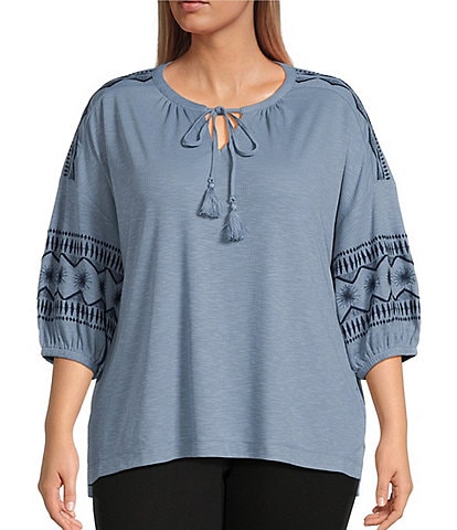 Westbound Plus Size Embroidered 3/4 Sleeve V-Neck Top