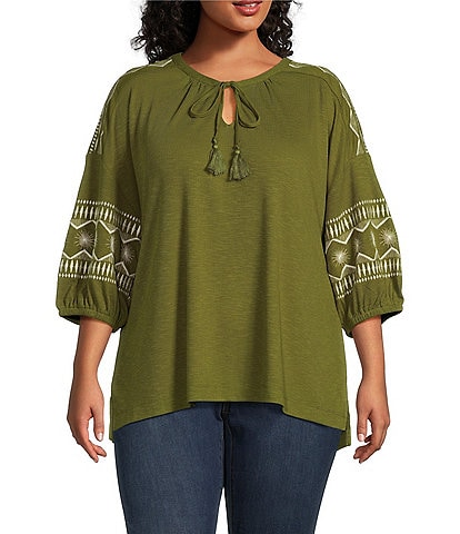 Westbound Plus Size Embroidered 3/4 Sleeve V-Neck Top