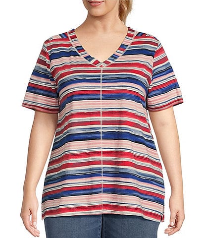 Westbound Plus Size Flag Stripe Knit Short Sleeve V-Neck Top