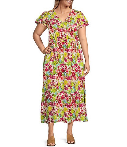Westbound Plus Size Floral Double Flutter Short Sleeve V-Neck Side Pocket Faux Wrap Maxi Dress