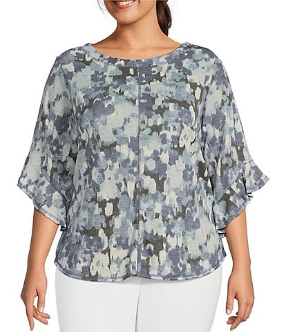 Westbound Plus Size Floral Print Knit Crew Neck 3/4 Ruffle Sleeve Top