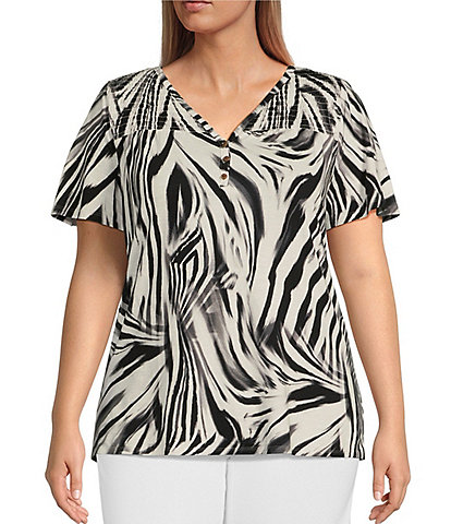 Westbound Plus Size Flutter Sleeve Zebra Print Smocked Top