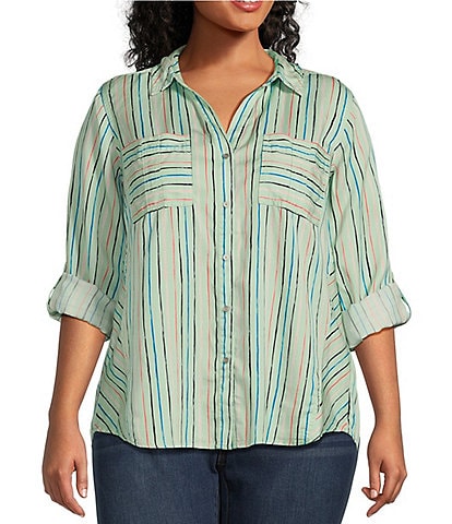 Westbound Plus Size Handrawn Stripe Woven Roll Sleeve Spread Collar Button Front Shirt