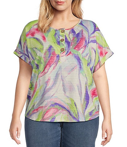 Westbound Plus Size Henley Cuffed Short Sleeve Rounded Hem Top