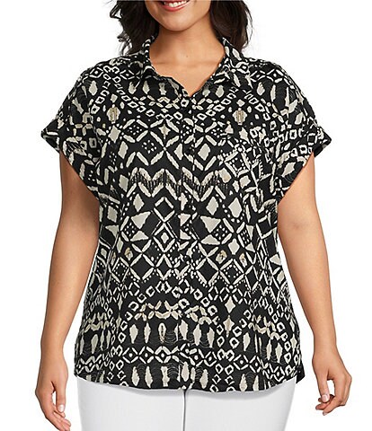 Westbound Plus Size Ikat Stripe Print Woven Button Front Top