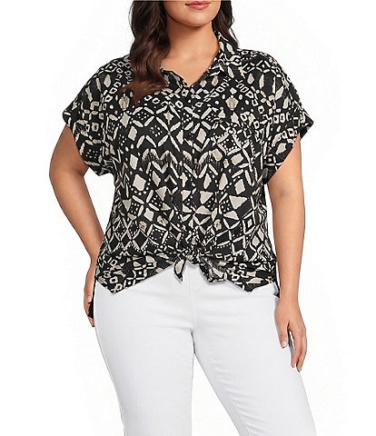 Westbound Plus Size Ikat Stripe Print Woven Button Front Top