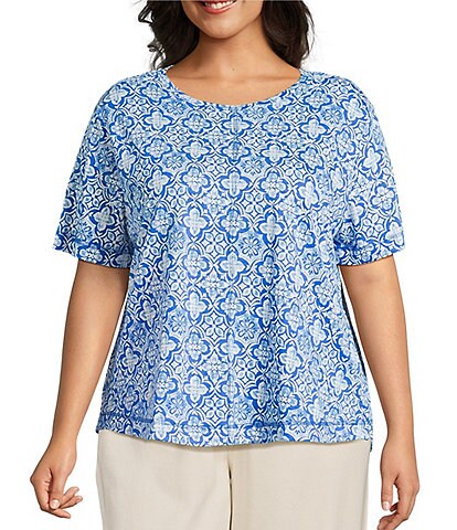 Westbound Plus Size Indigo Tile Short Sleeve Slub Knit Crew Neck Top
