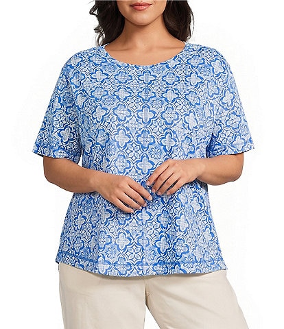 Westbound Plus Size Indigo Tile Short Sleeve Slub Knit Crew Neck Top