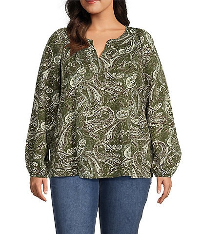 Westbound Plus Size Ivy Arabesq Print Long Sleeve V-Neck Embroidered Top