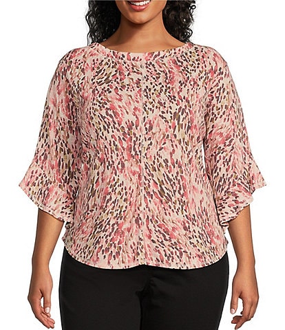 Westbound Plus Size Knit Animals Trails Print Crew Neck 3/4 Ruffle Sleeve Top