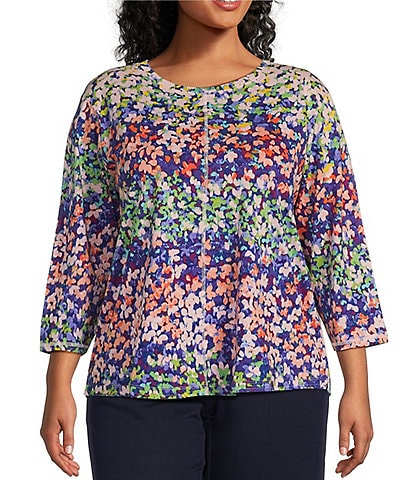 Westbound Plus Size Knit Floral 3/4 Sleeve Crew Neck Top