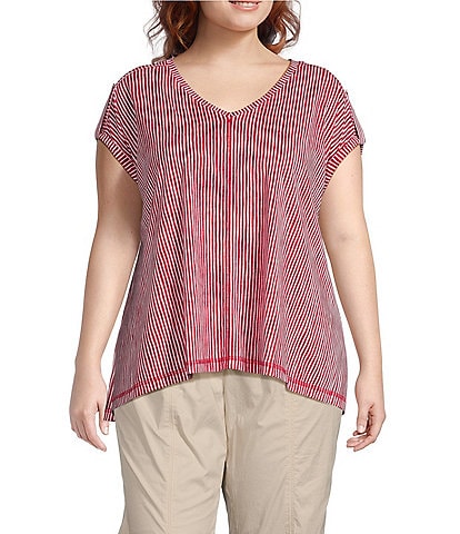 Westbound Plus Size Knit Vertical Stripe Short Sleeve V-Neck Drop Shoulder Top
