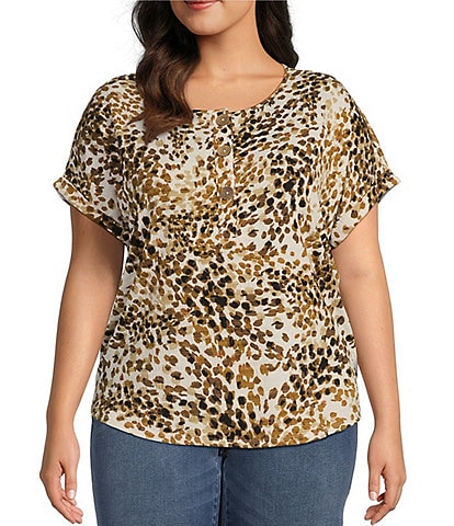 Westbound Plus Size Leopard Henley Cuffed Short Sleeve Rounded Hem Top