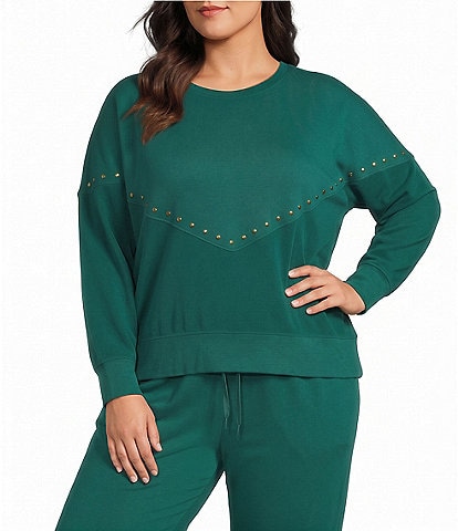 Westbound Plus Size Long Sleeve Crew Neck Duet Studded Top