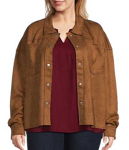 Westbound Plus Size Long Sleeve Point Collar Suede Shirt Jacket