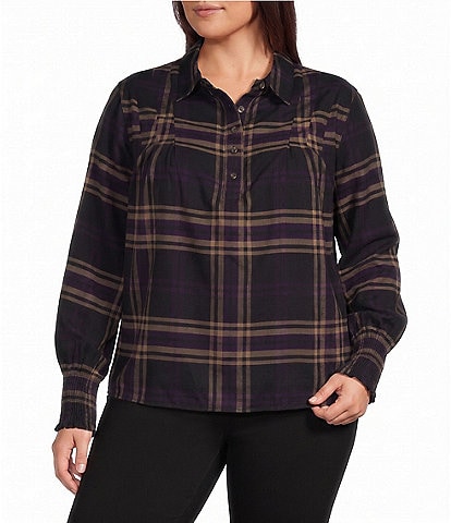 Westbound Plus Size Long Sleeve Y-Neck Button Front Blouse