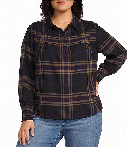 Westbound Plus Size Long Sleeve Y-Neck Button Front Blouse