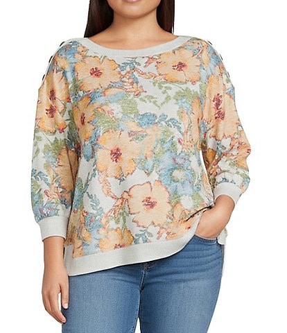 Westbound Plus Size Multi Watercolor Floral Knit Long Sleeve Button Shoulder Pullover Top